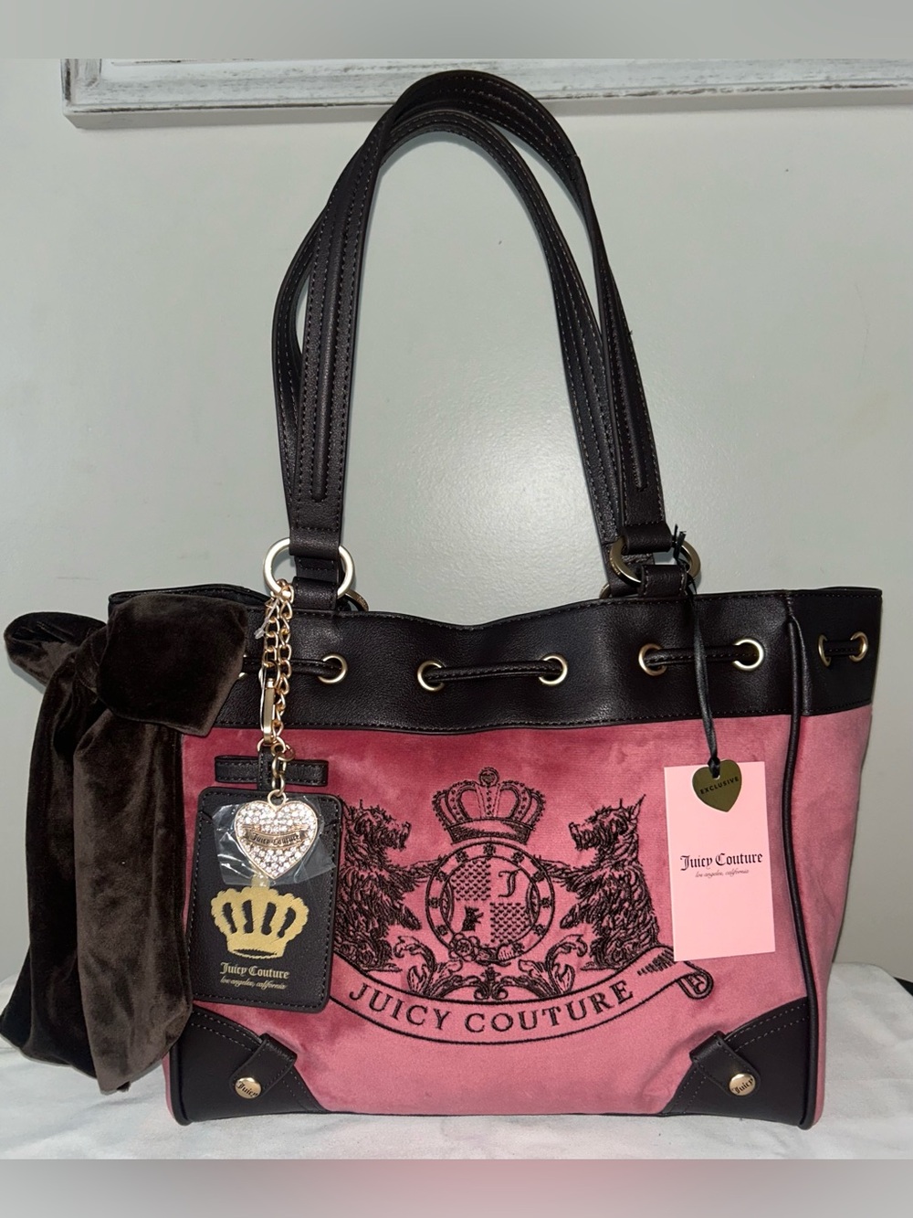 NEW! JUICY COUTURE Daydreamer Scottie Dogs Velour Tote Chateau Rose/Chocolate
